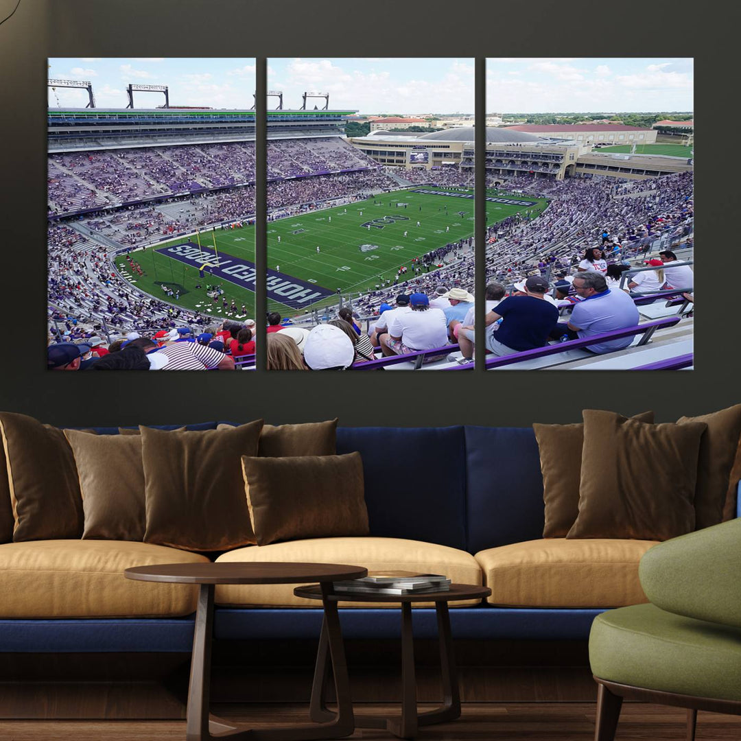 Amon G. Carter Stadium wall art canvas showcasing the TCU Horned Frogs and packed stands at Fort Worth.