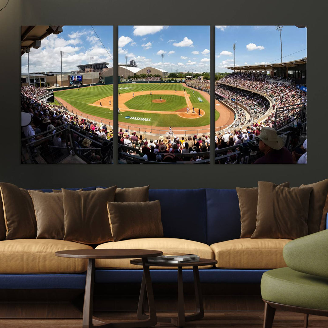 A baseball stadium under a blue sky, capturing the energy of The Texas A&M Aggies Athletics Kyle Field Wall Art.