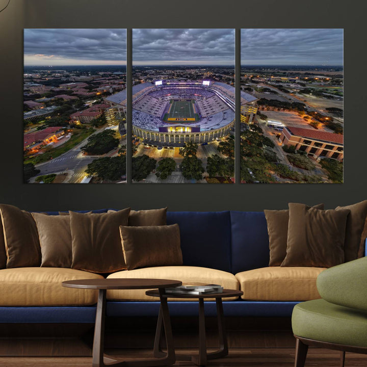 The LSU Tigers Football Team Baton Rouge Tiger Stadium Canvas is displayed prominently, capturing attention with its vivid depiction of the iconic stadium.