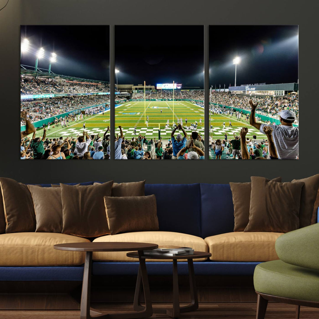 This vibrant wall art canvas print captures the excitement of fans cheering for the Tulane Green Wave Football Team under the lights of Yulman Stadium.