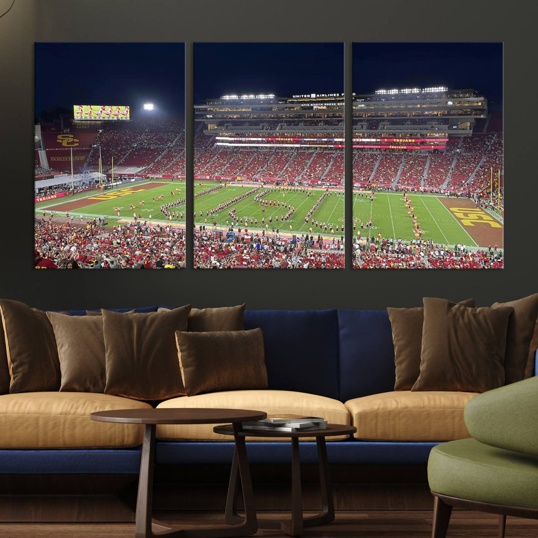 Canvas print depicting a packed stadium at night with a marching band forming USC, celebrating the Trojans at Los Angeles Memorial Coliseum.