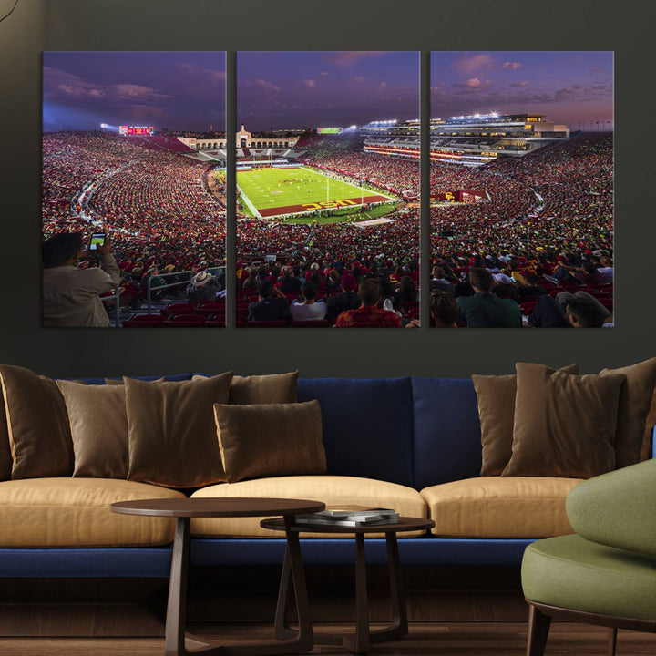 The vibrant wall art canvas print captures the USC Trojans playing under lights at dusk in LA Memorial Coliseum.