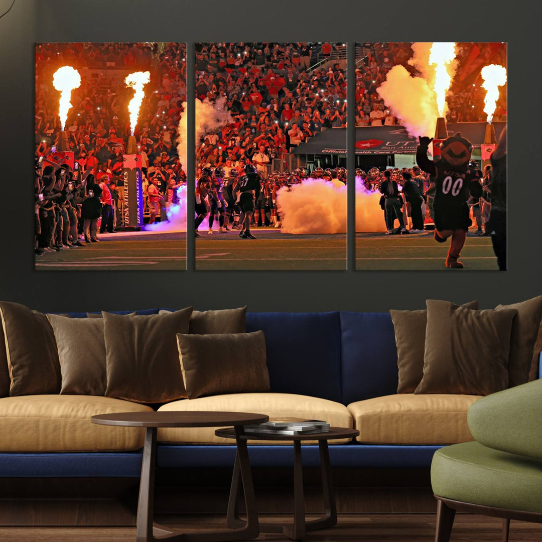 This canvas print captures the UTSA Roadrunners storming the Alamodome under smoke and fire.