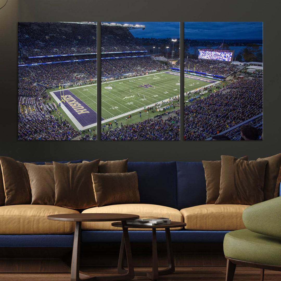 The University of Washington Huskies Football Team Print: Seattle Husky Stadium Wall Art Canvas captures a dusk stadium view.