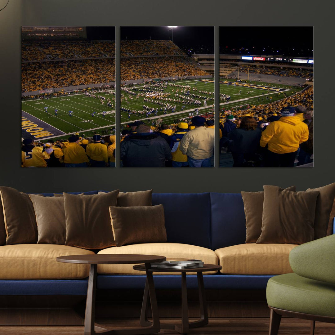 West Virginia Uni Mountaineers Football Team Print - Milan Puskar Stadium Canvas Print Wall Art, Morgantown Print