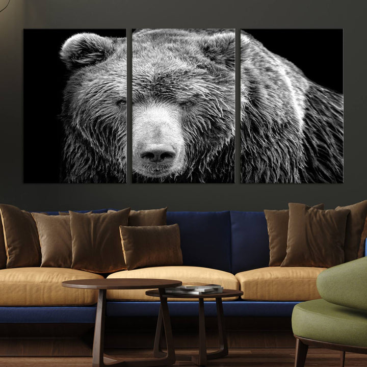 The 399 Grizzly Bear Canvas Print is displayed prominently on a wall in a modern living room.