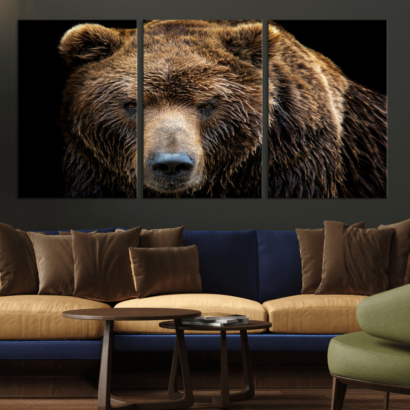 MGV-CV-60X30-3P - Grizzly Brown Bear Canvas Wall Art, Wildlife Animal Canvas Artwork Bear Print, Bear Wall Art Print,