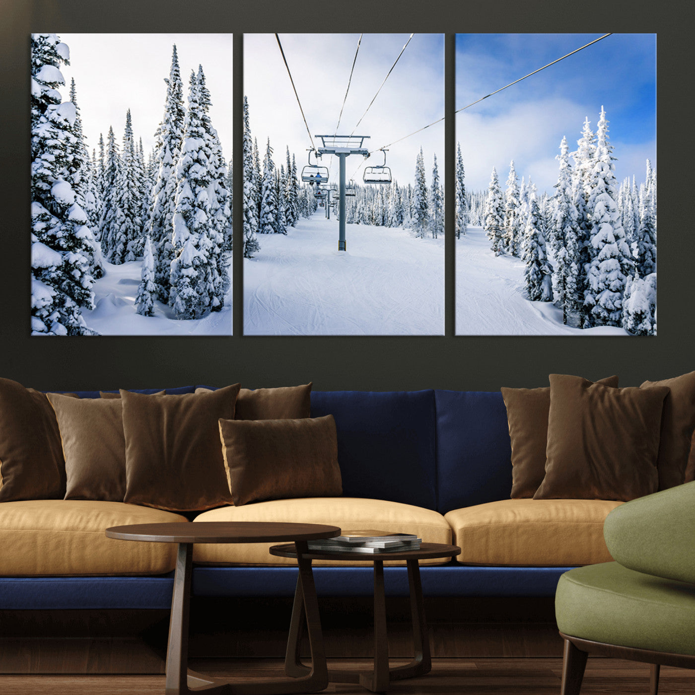 MGV-CV-60X30-3P - Winter Ski Lift Wall Art Print - Landscape Wall Art | Snowy Mountain Adventure | Perfect for Cabin