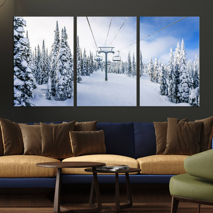 Winter Ski Lift Landscape Wall Art | Snowy Mountain Adventure | Framed and Ready to Hang | Perfect for Cabin Wall Art, Farmhouse Decor