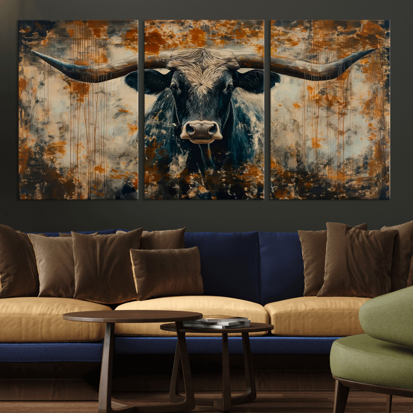 MGV-CV-60X30-3P - Abstract Longhorn Bull Wall Art | Rustic Western Wall Decor | Framed and Ready to Hang | Ideal for