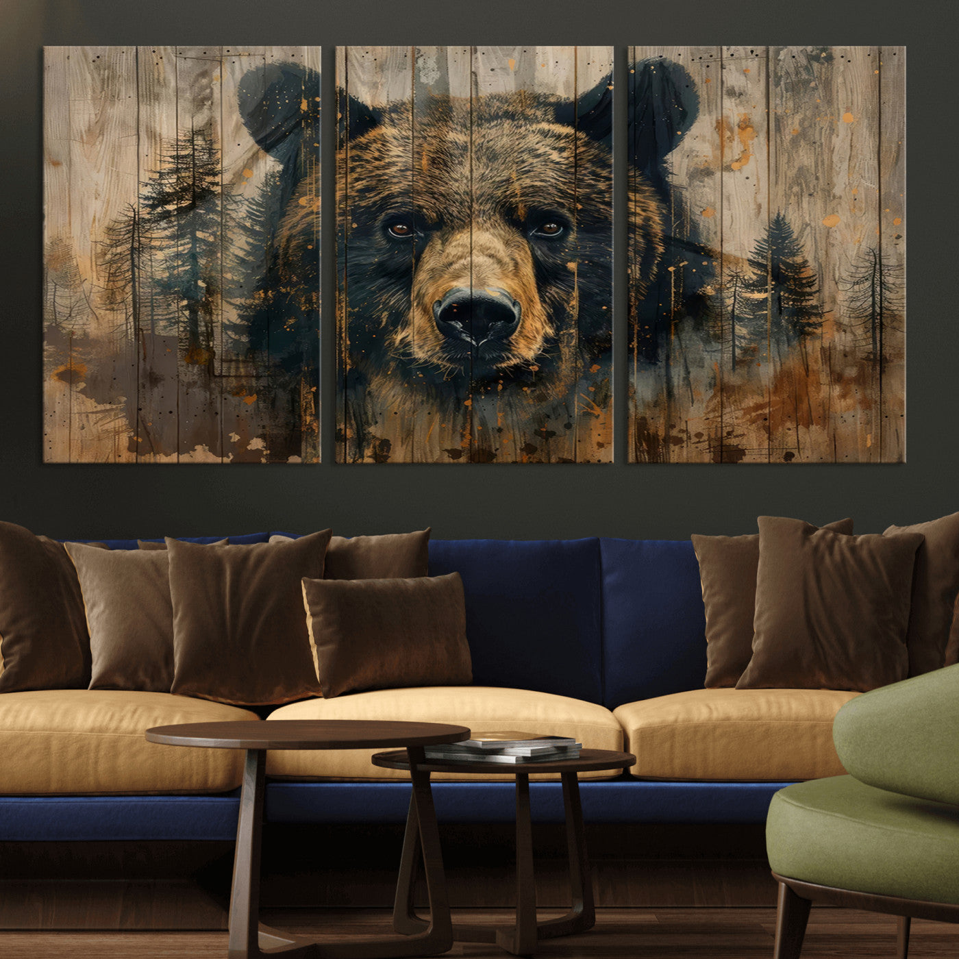 MGV-CV-60X30-3P - Abstract 399 Bear Wall Art | Rustic Cabin Wall Decor with Forest Design | Framed and Ready to Hang |