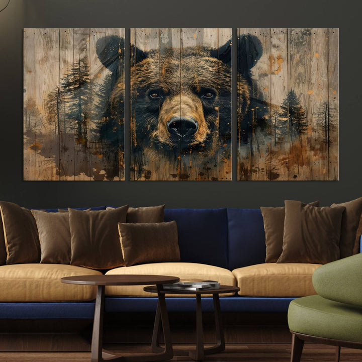 The Abstract 399 Bear Wall Art, featuring a rustic cabin theme with forest design, is framed and ready to hang. It's ideal for lodge, cabin, and barn decor and perfectly complements the nature lover's aesthetic.