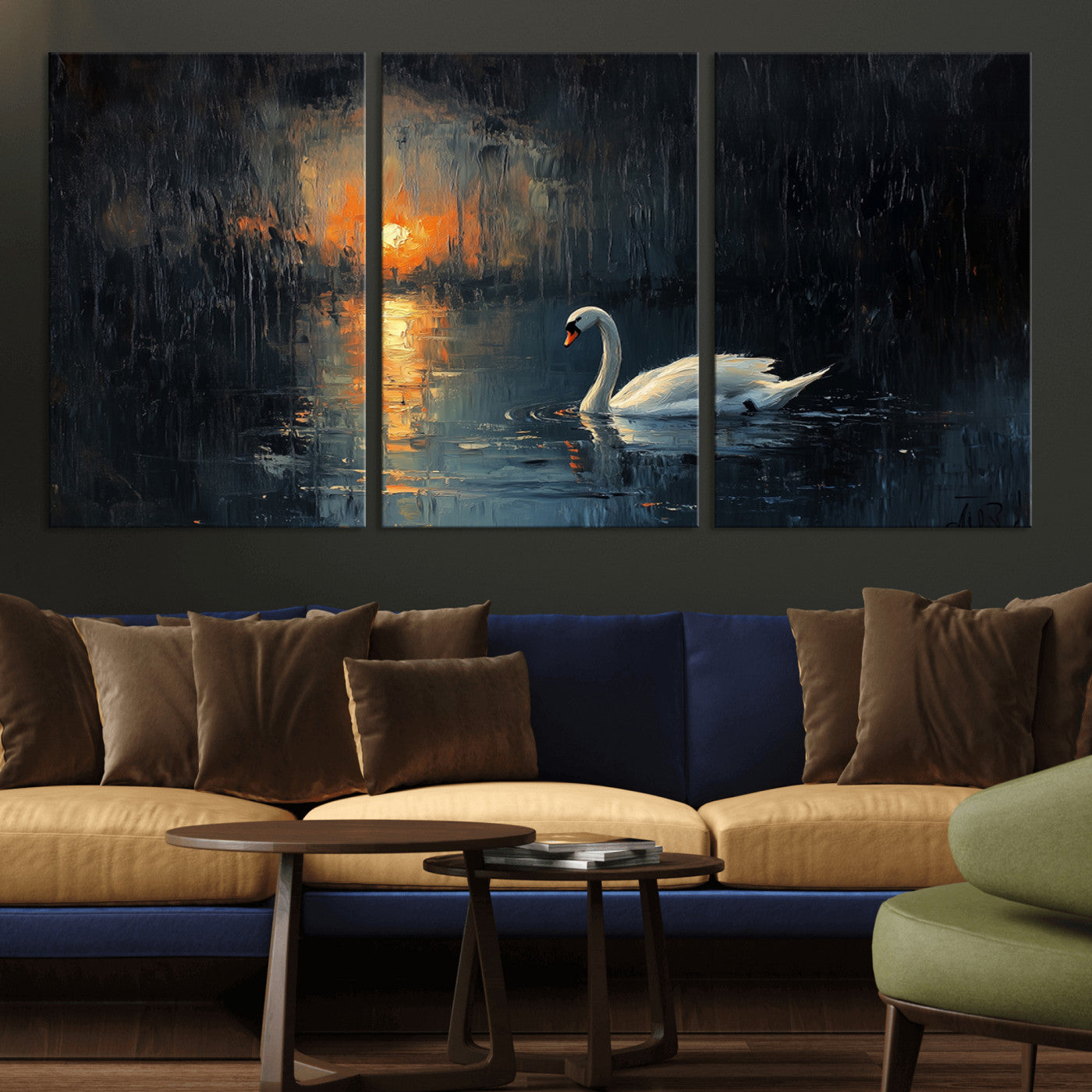 MGV-CV-60X30-3P - Abstract Swan on Water Wall Art Canvas Print - Elegant Nature Scene for Modern Home Decor