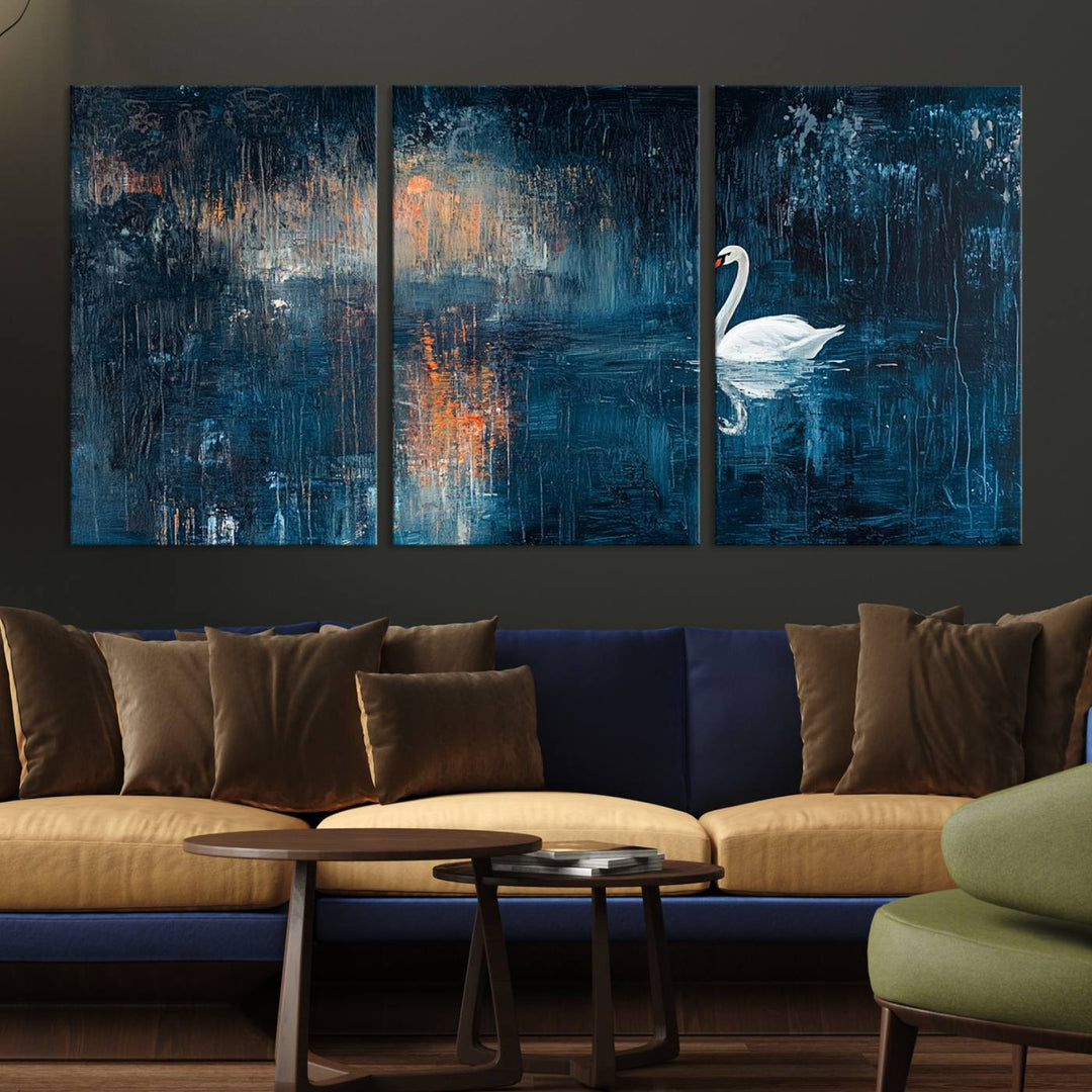 Abstract Swan Wall Art | Moody Blue and Orange Swan Painting on Canvas | Framed and Ready to Hang | Elegant and Modern Art for Living Room or Bedroom Decor