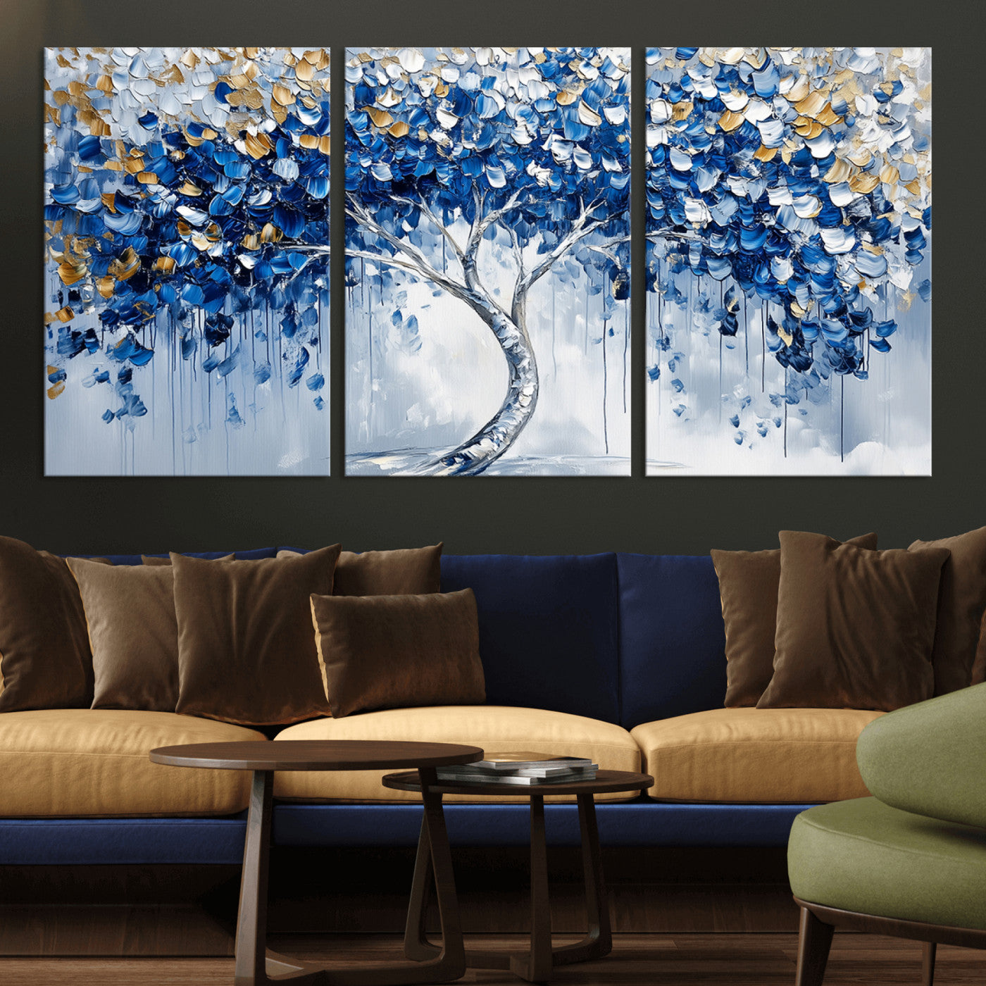 MGV-CV-60X30-3P - Blue and Gold Abstract Tree Wall Art Canvas Print | Modern Tree of Life Painting | Framed Canvas