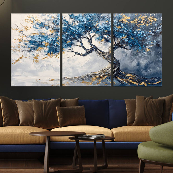 Elegant Abstract Tree Canvas Wall Art | Tree of Life Painting | Textured Art in Blue and Gold | Framed & Ready to Hang for Modern Living Room Decor