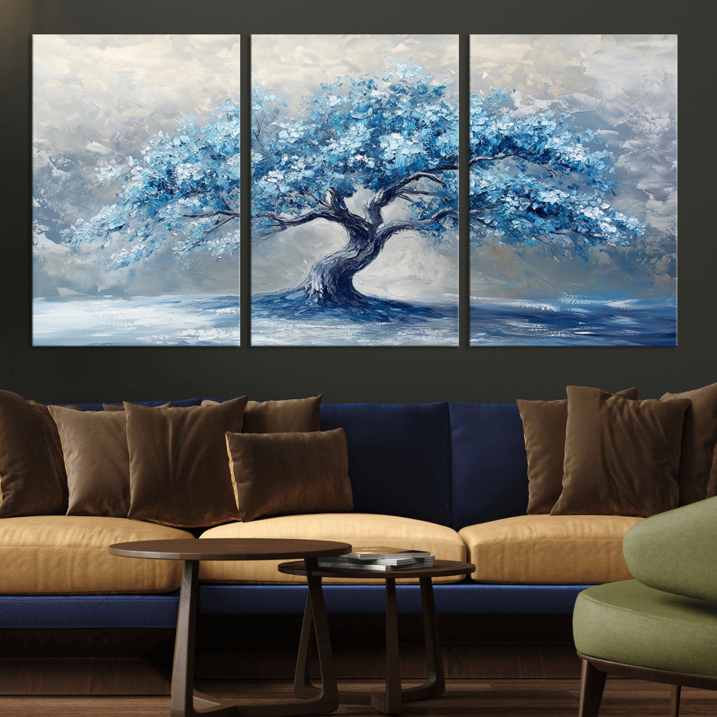 MGV-CV-60X30-3P - Abstract Blue Tree Art Canvas Print, Majestic Tree Wall Art Print for Farmhouse Decor