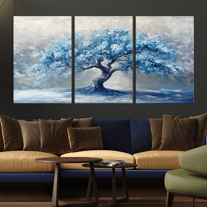 Serene Abstract Blue Tree Wall Art | Canvas Print of a Majestic Tree in Blue Hues | Perfect for Farmhouse, Coastal, and Modern Decor