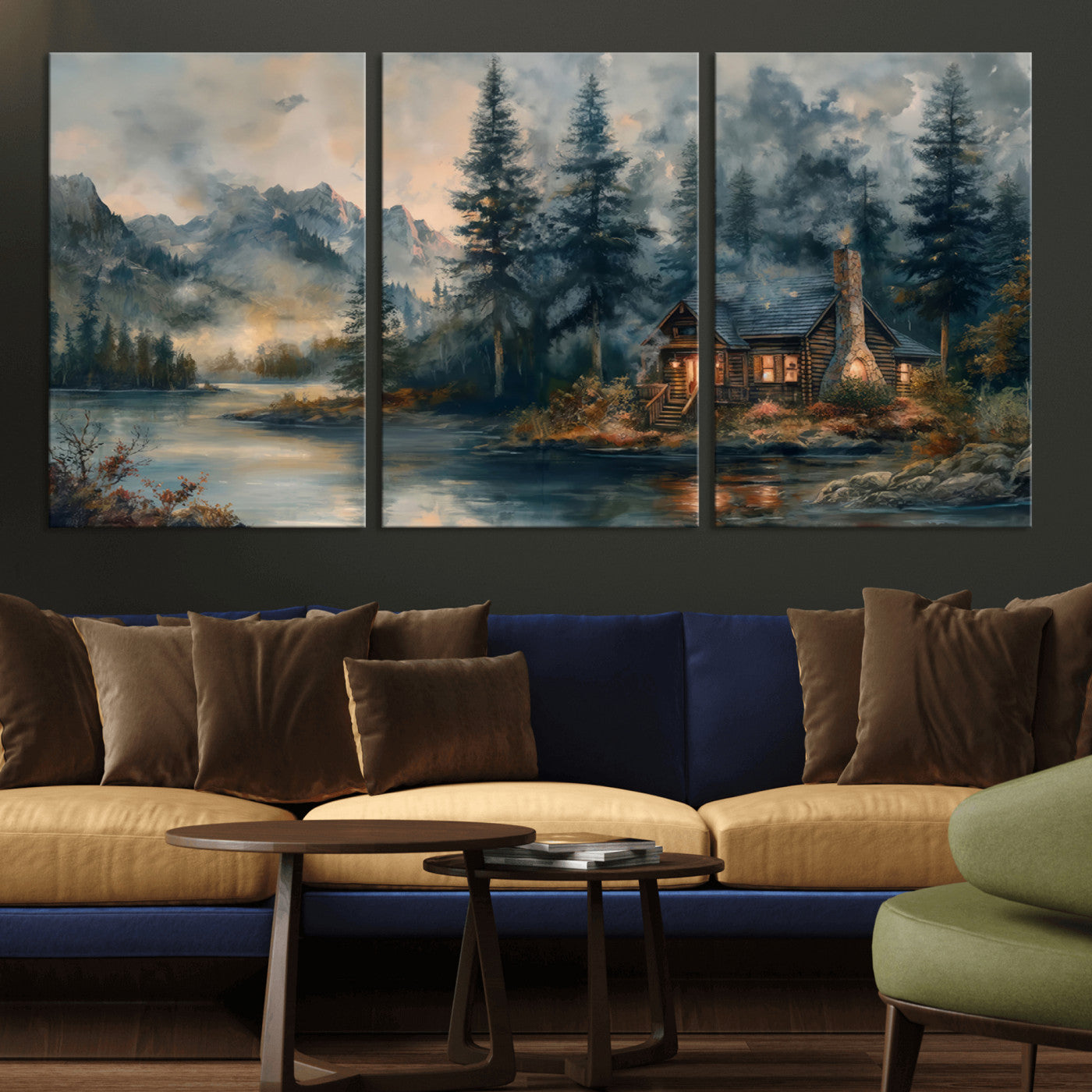 MGV-CV-60X30-3P - Rustic Cabin Woods Wall Art Print | Lake in a Forest Canvas Print | Cabin, Lodge, and Farmhouse