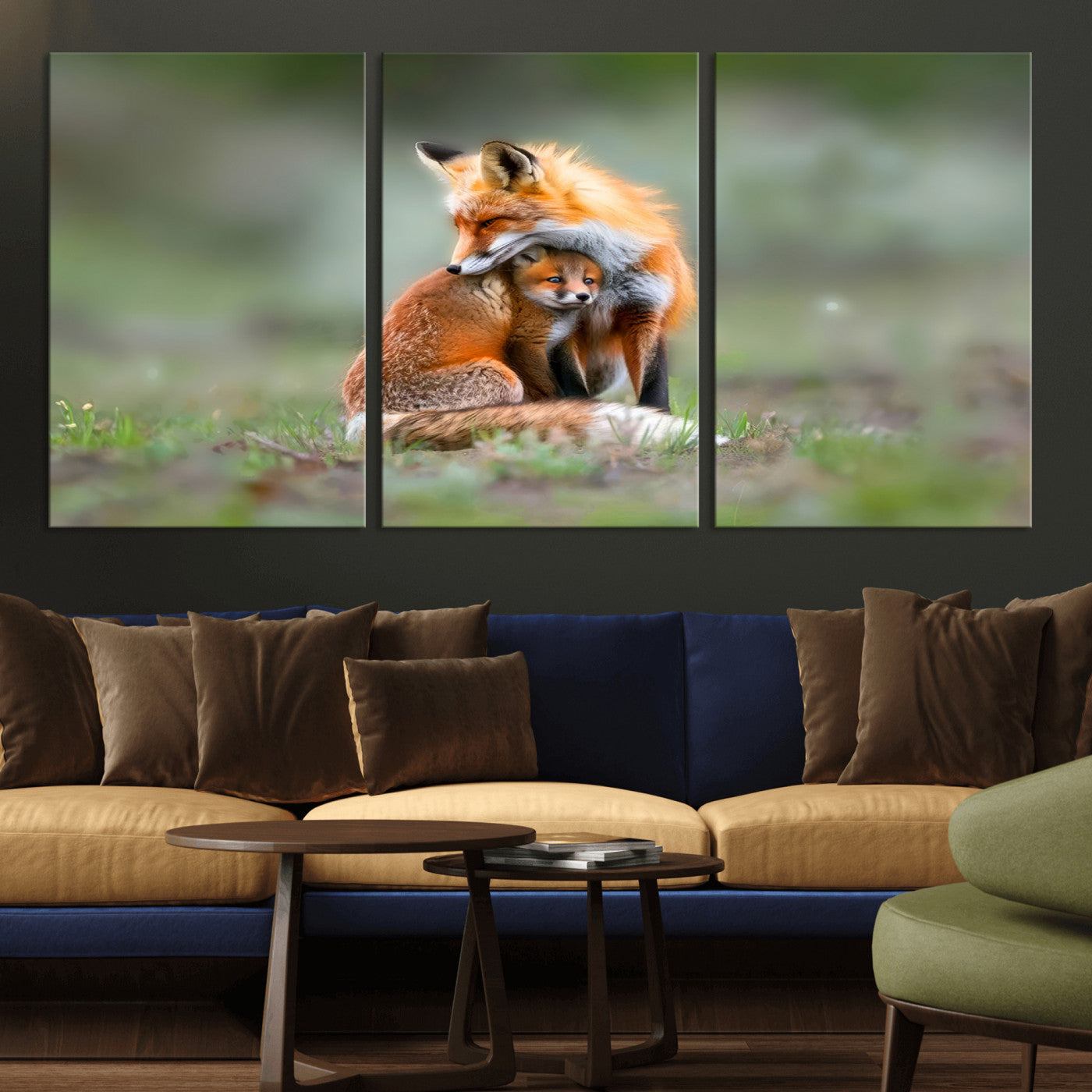 MGV-CV-60X30-3P - Heartwarming Fox and Baby Cub Wall Art | Ready to Hang Canvas Print of Foxes in Nature | Perfect for