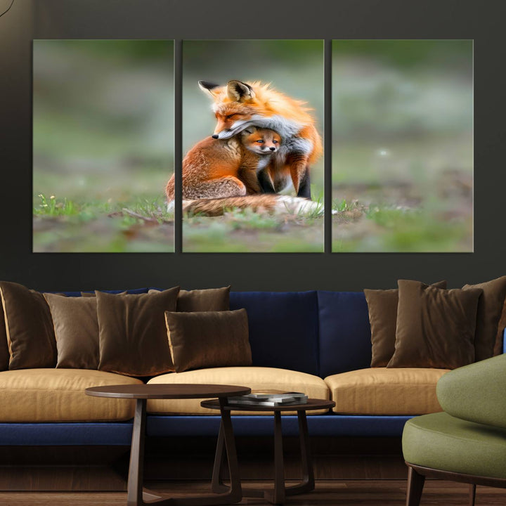 Heartwarming Fox and Baby Cub Wall Art | Ready to Hang Canvas Print of Foxes in Nature | Perfect for Animal Lovers, Rustic Decor, and Cabin Wall Art