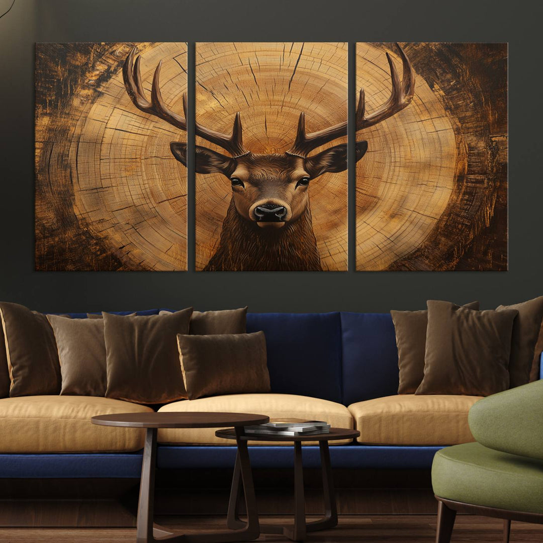 Deer Wall Art Canvas Print | Ready to Hang Canvas Print of a Stag with Rustic Tree Rings | Perfect for Farmhouse Wall Decor, Cabin Wall Art