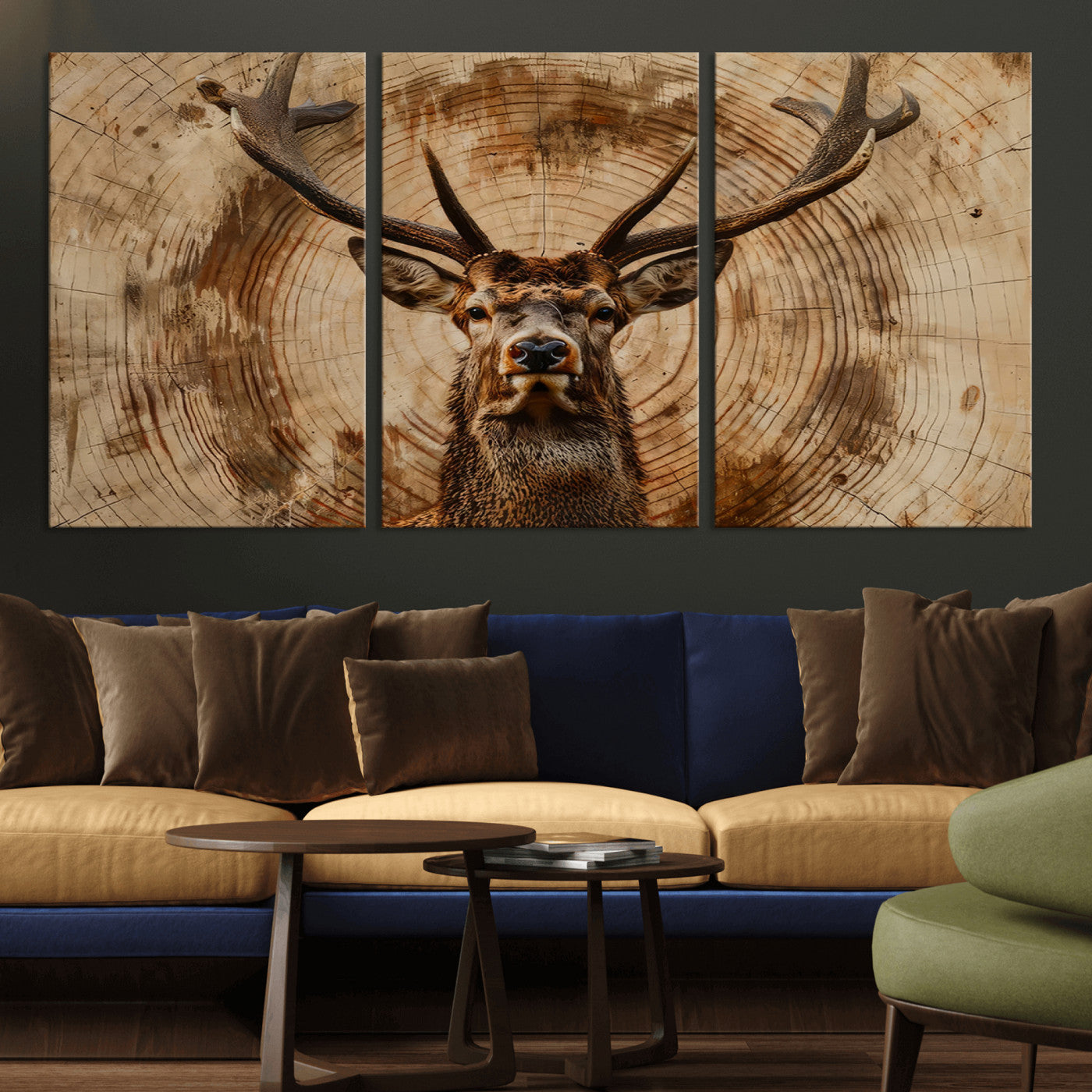 MGV-CV-60X30-3P - Wood Abstract Deer Wall Art | Rustic Wildlife Canvas Print | Ready to Hang Stag Head Triptych for