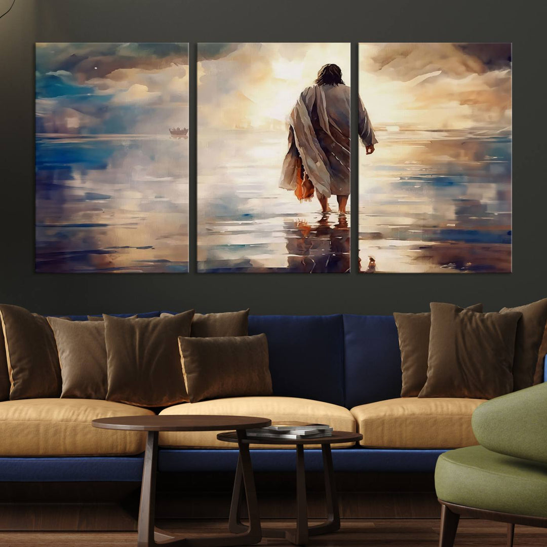 Jesus Walking on Water Wall Art | Ready to Hang Spiritual Triptych Canvas Print | Inspirational Christian Decor for Home or Church