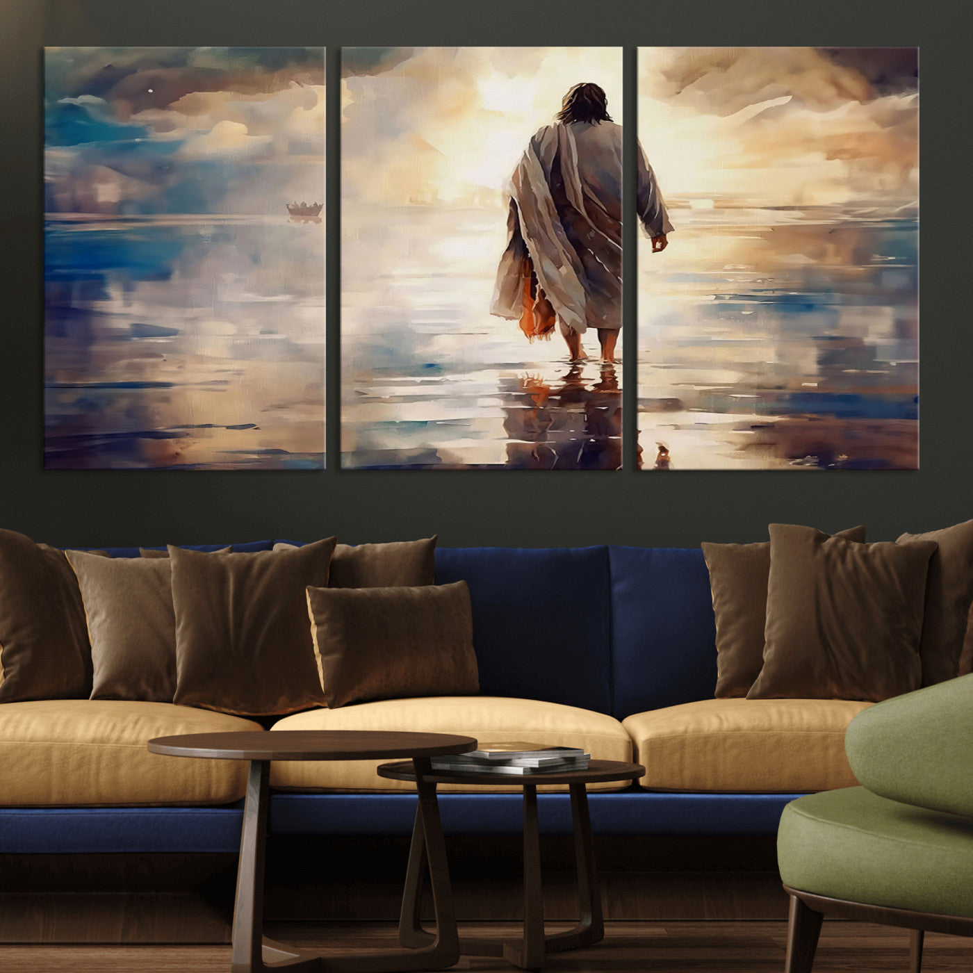 MGV-CV-60X30-3P - Jesus Walking on Water Wall Art | Ready to Hang Spiritual Triptych Canvas Print | Inspirational