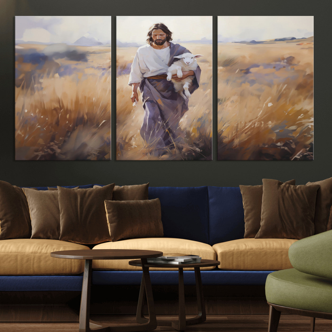 MGV-CV-60X30-3P - Jesus the Good Shepherd Wall Art Canvas Print - Lost Lamb Print for Prayer Room Decor