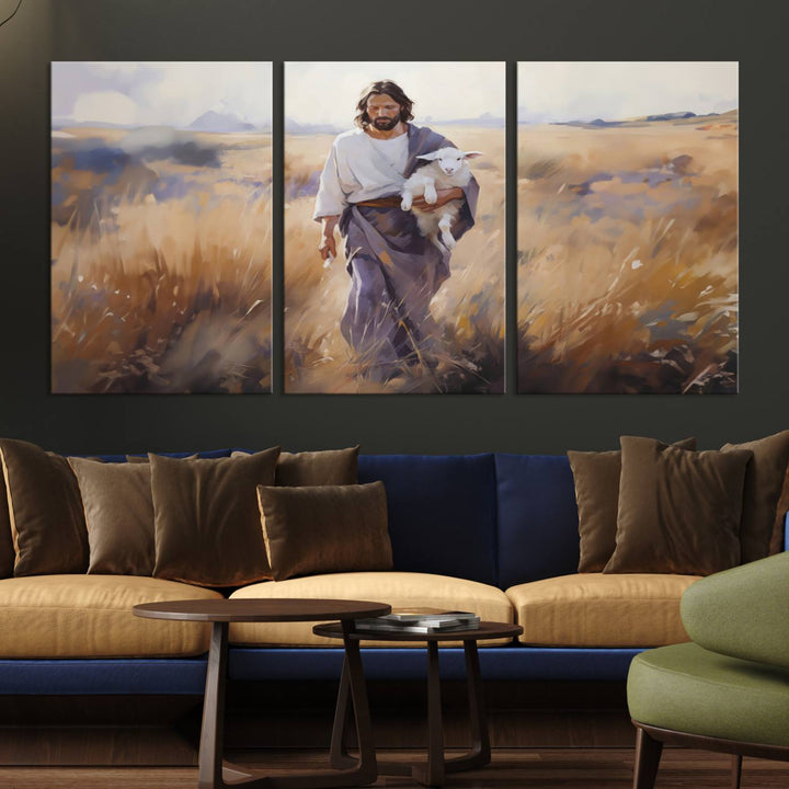 Jesus the Good Shepherd Wall Art Canvas Print - Lost Lamb  Print for Prayer Room Decor