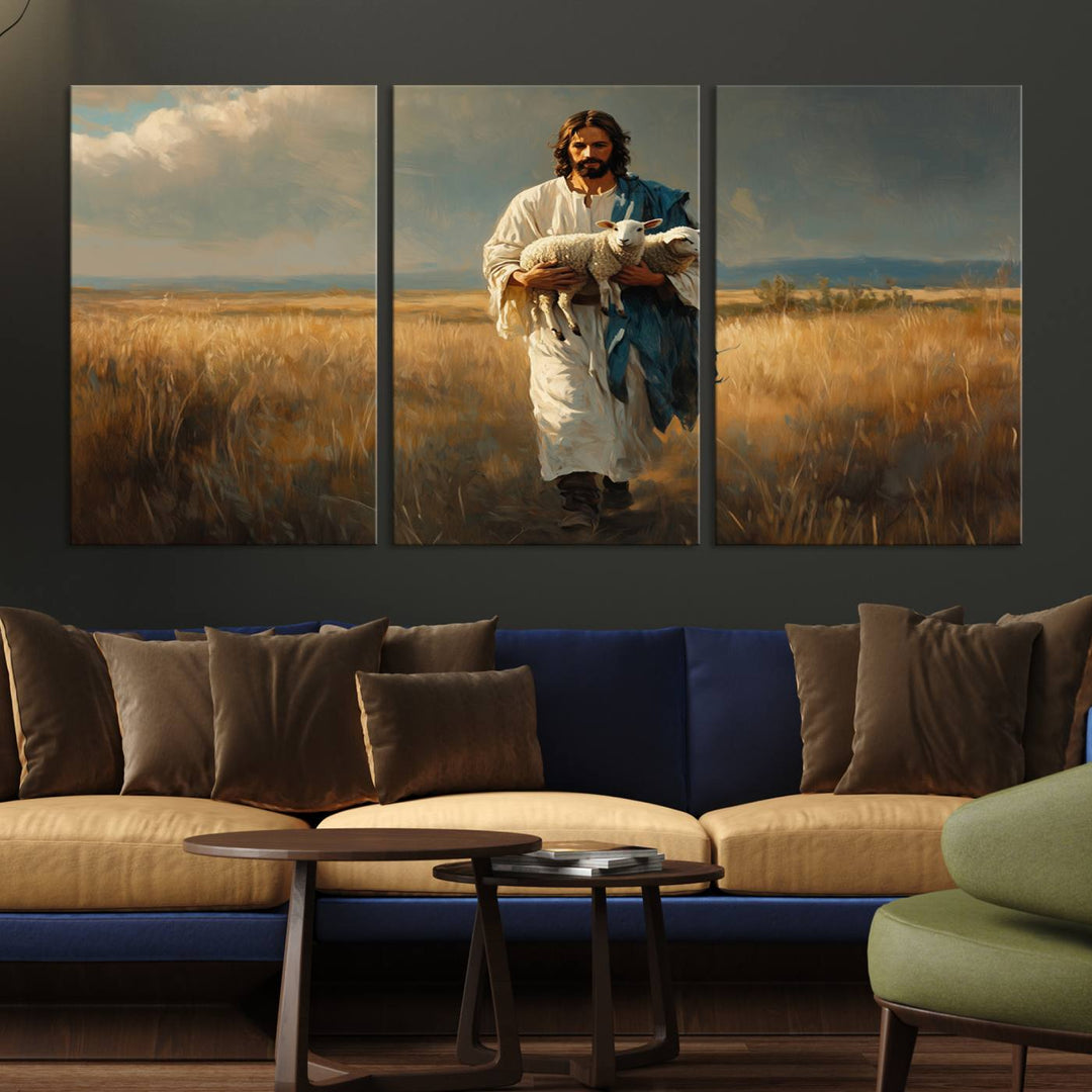 Jesus Shepherd Wall Art | Ready to Hang Triptych Canvas of Jesus Holding a Lamb in a Field | Inspirational Christian Decor for Home