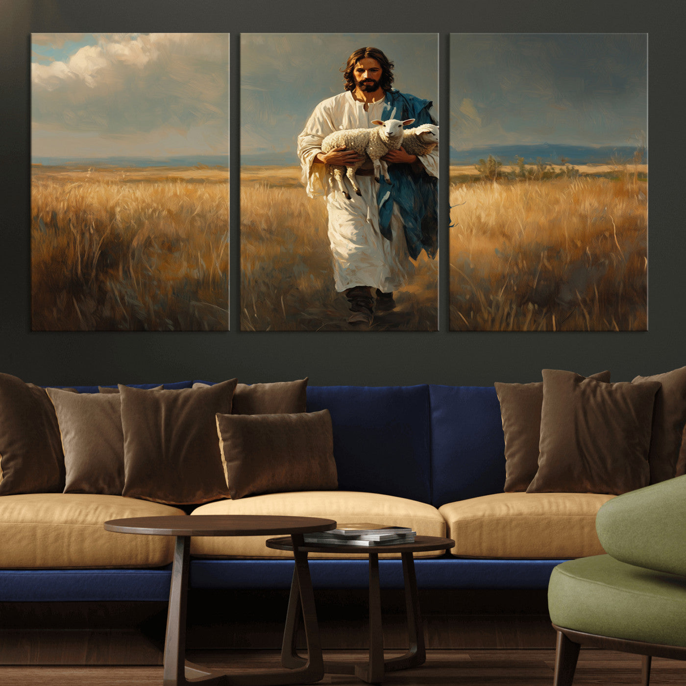 MGV-CV-60X30-3P - Jesus Shepherd Wall Art | Ready to Hang Triptych Canvas of Jesus Holding a Lamb in a Field |