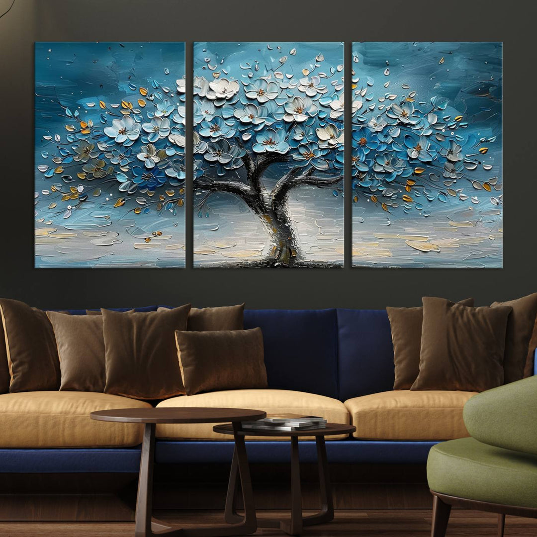 Abstract Blooming Tree Wall Art Print features blue, white, and gold textures on museum-quality canvas, perfect for modern decor.