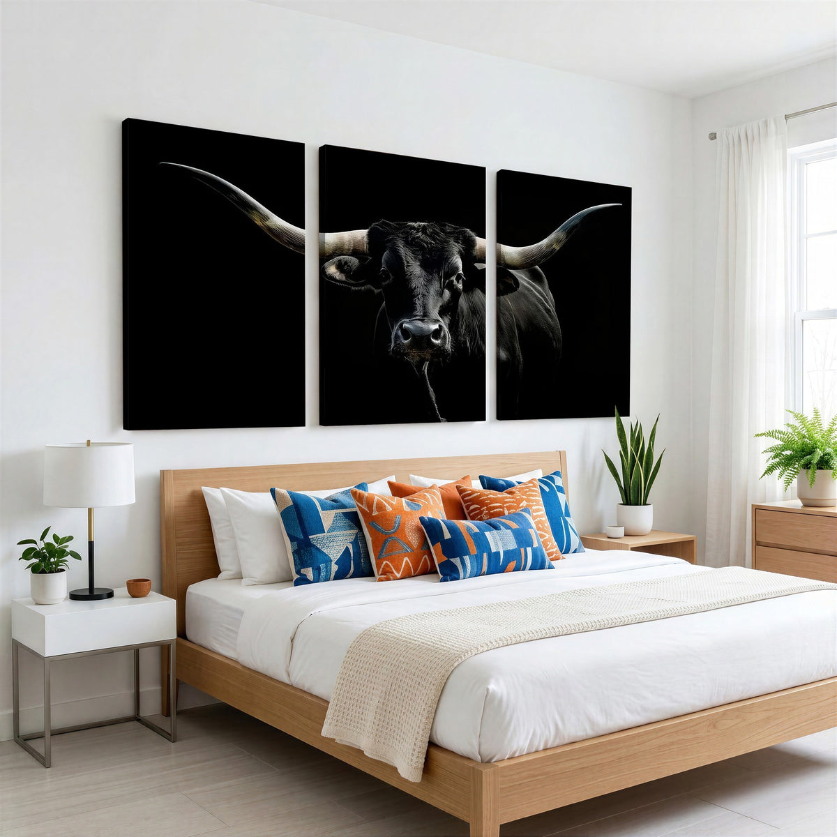 20679-MGV-CV-24X16 - Texas Black Longhorn Bull Wall Art Canvas Print, Western Cattle Rustic Decor
