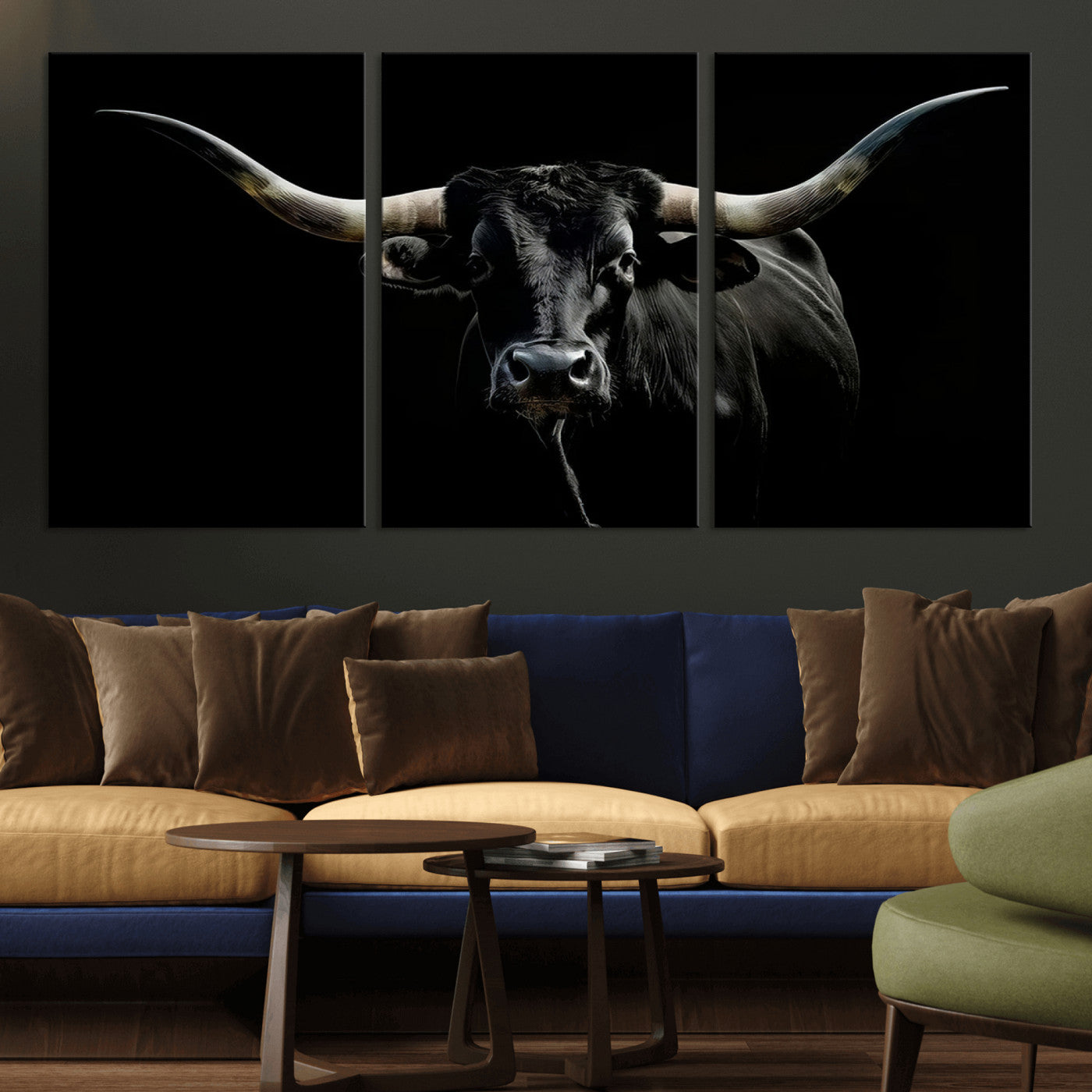 MGV-CV-60X30-3P - Texas Black Longhorn Bull Wall Art Canvas Print - Western Texas Cattle Rustic Decor Print - Longhorn