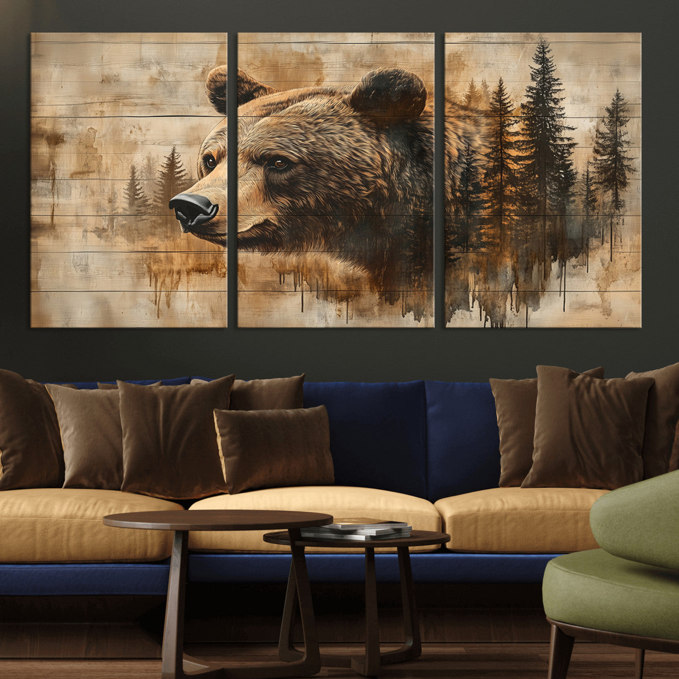 MGV-CV-60X30-3P - Rustic Grizzly Bear Wall Art, Abstract Grizzly 399 Bear Wall Art Canvas Print - Woodland Wildlife
