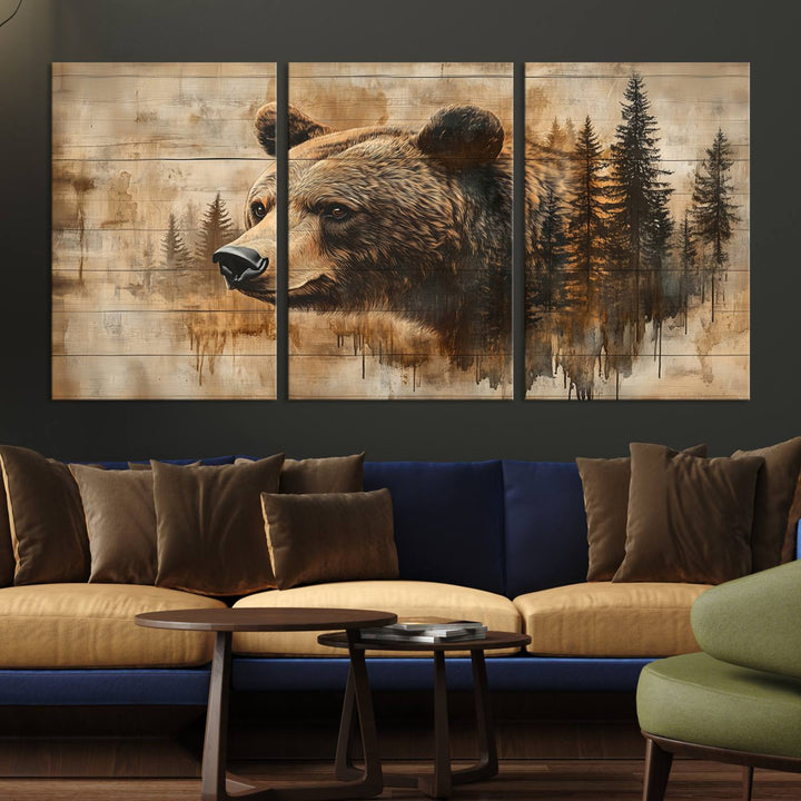 Abstract Rustic Grizzly Bear Wall Art Canvas Print - Woodland Wildlife Forest Print for Farmhouse Decor