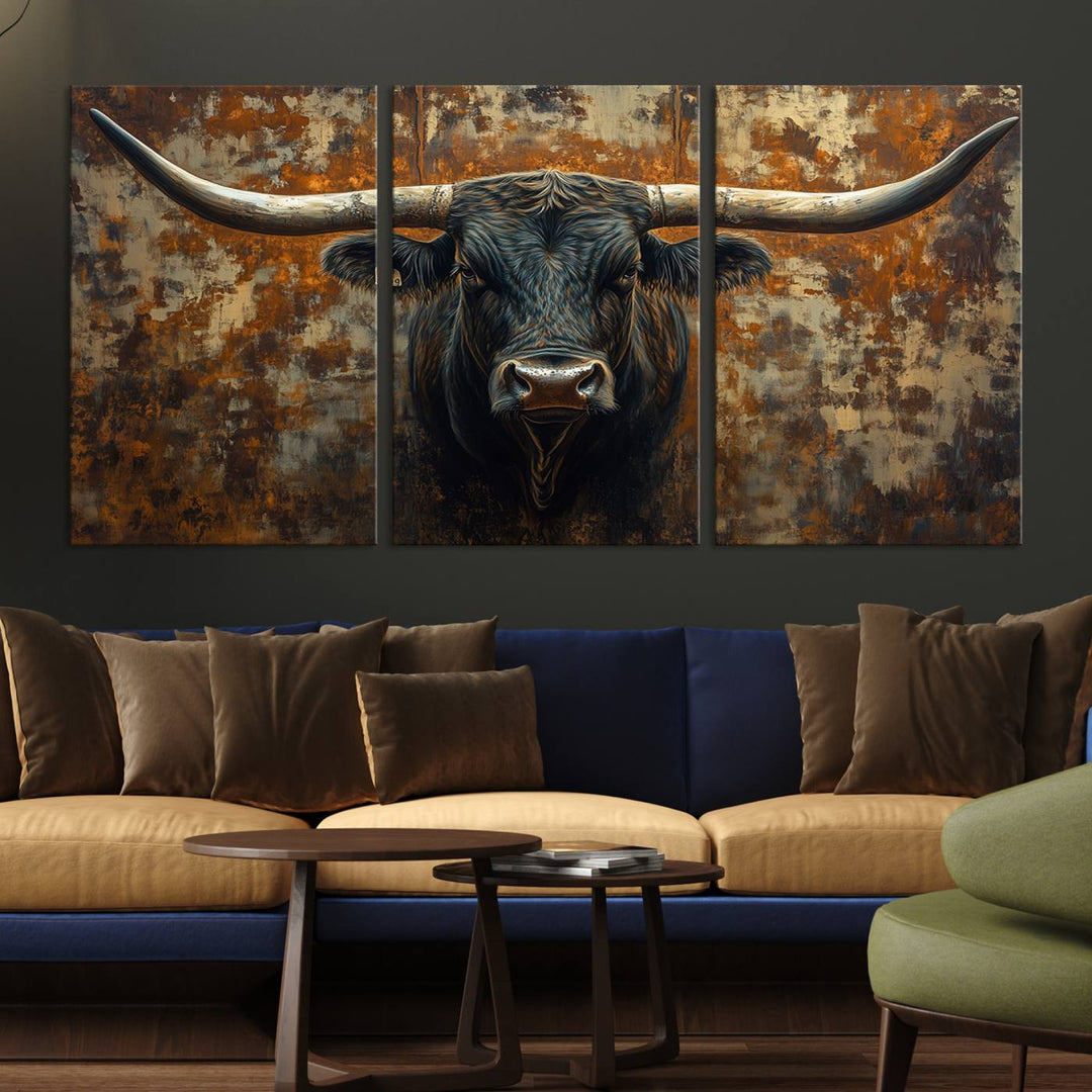 Abstract Longhorn Texas Bull Wall Art | Rustic Farmhouse Canvas Print | Ready to Hang Barn Decor for Farmhouse and Cabin Style