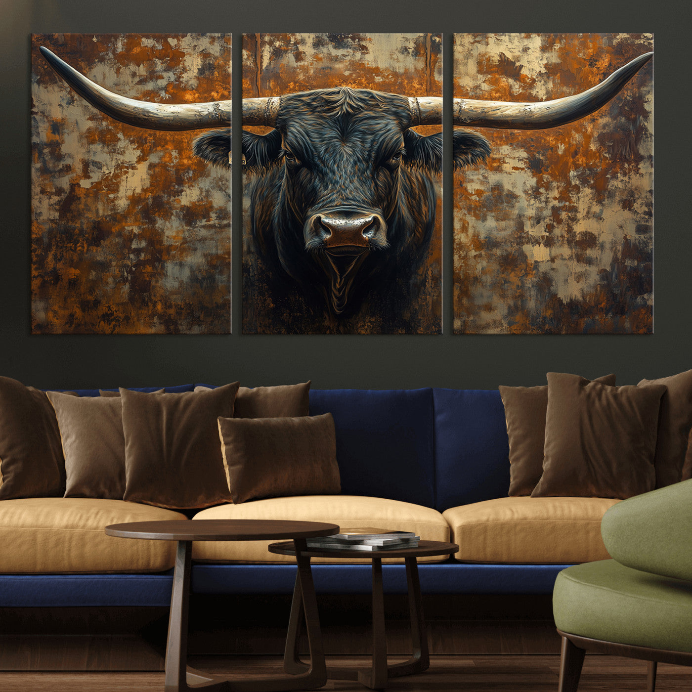 MGV-CV-60X30-3P - Longhorn Texas Cow Bull Wall Art | Rustic Farmhouse Canvas Print | Ready to Hang Barn Decor for