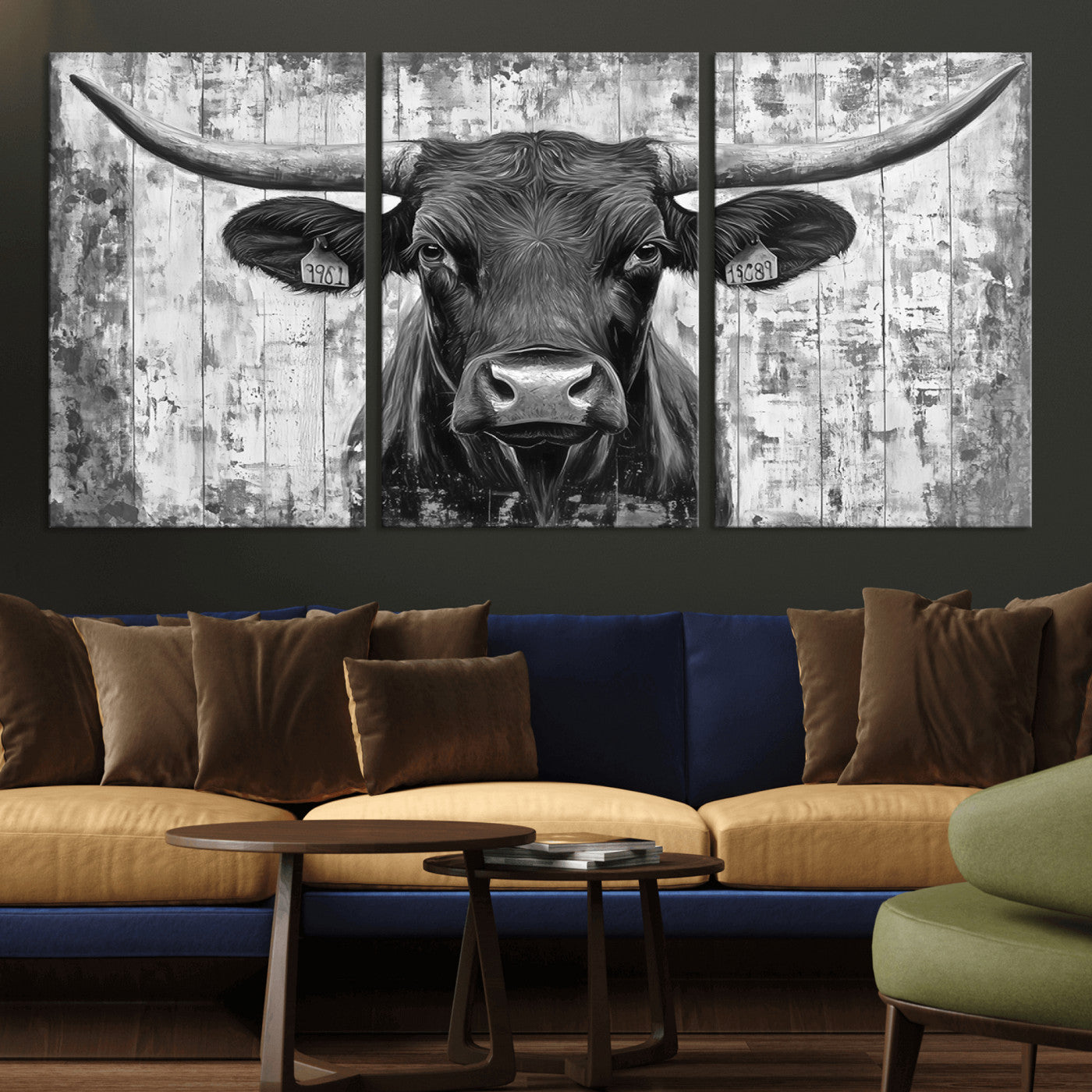 MGV-CV-60X30-3P - Abstract Longhorn Bull Wall Art Canvas Print - Rustic Texas Western Cow Artwork