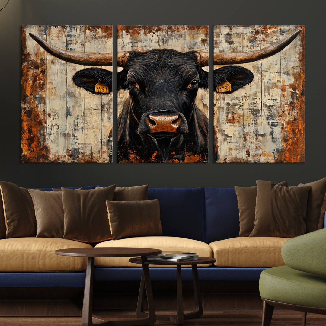 Abstract Cow Longhorn Bull Wall Art Canvas Print - Rustic Texas Western Cattle Artwork