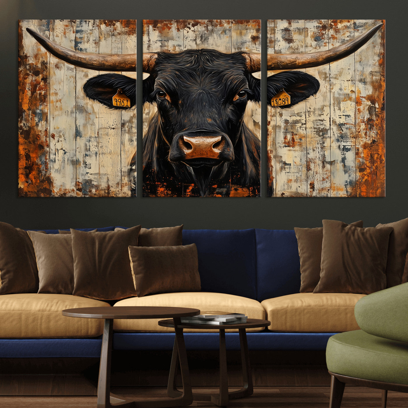 MGV-CV-60X30-3P - Rustic Texas Artwork Wall Art Canvas Print - Abstract Cow Longhorn Bull Wall Art Canvas Print