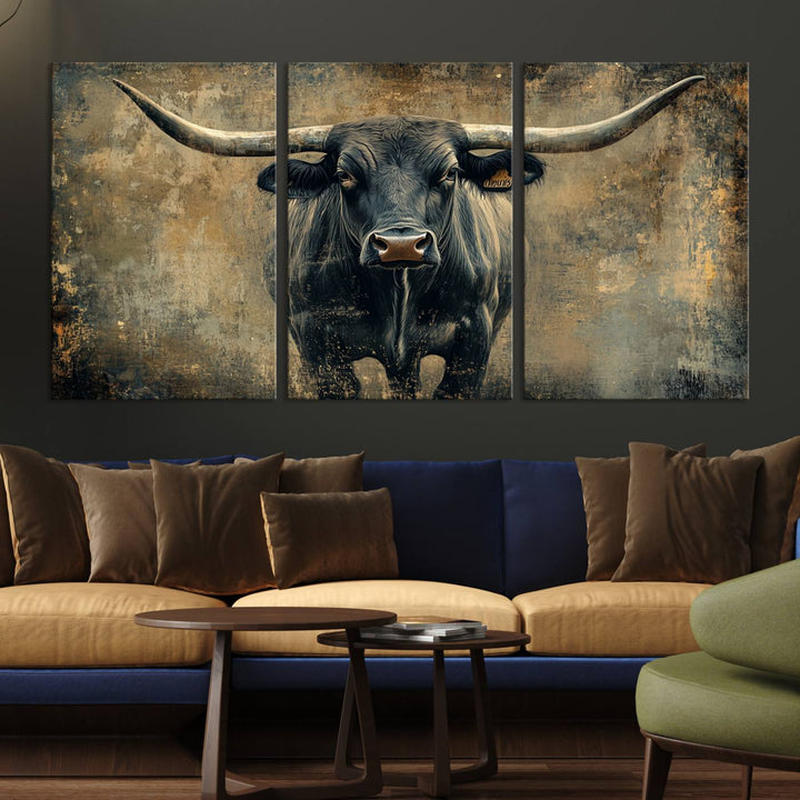 Abstract Cow Longhorn Bull Wall Art Canvas Print - Rustic Texas Western Cattle Artwork