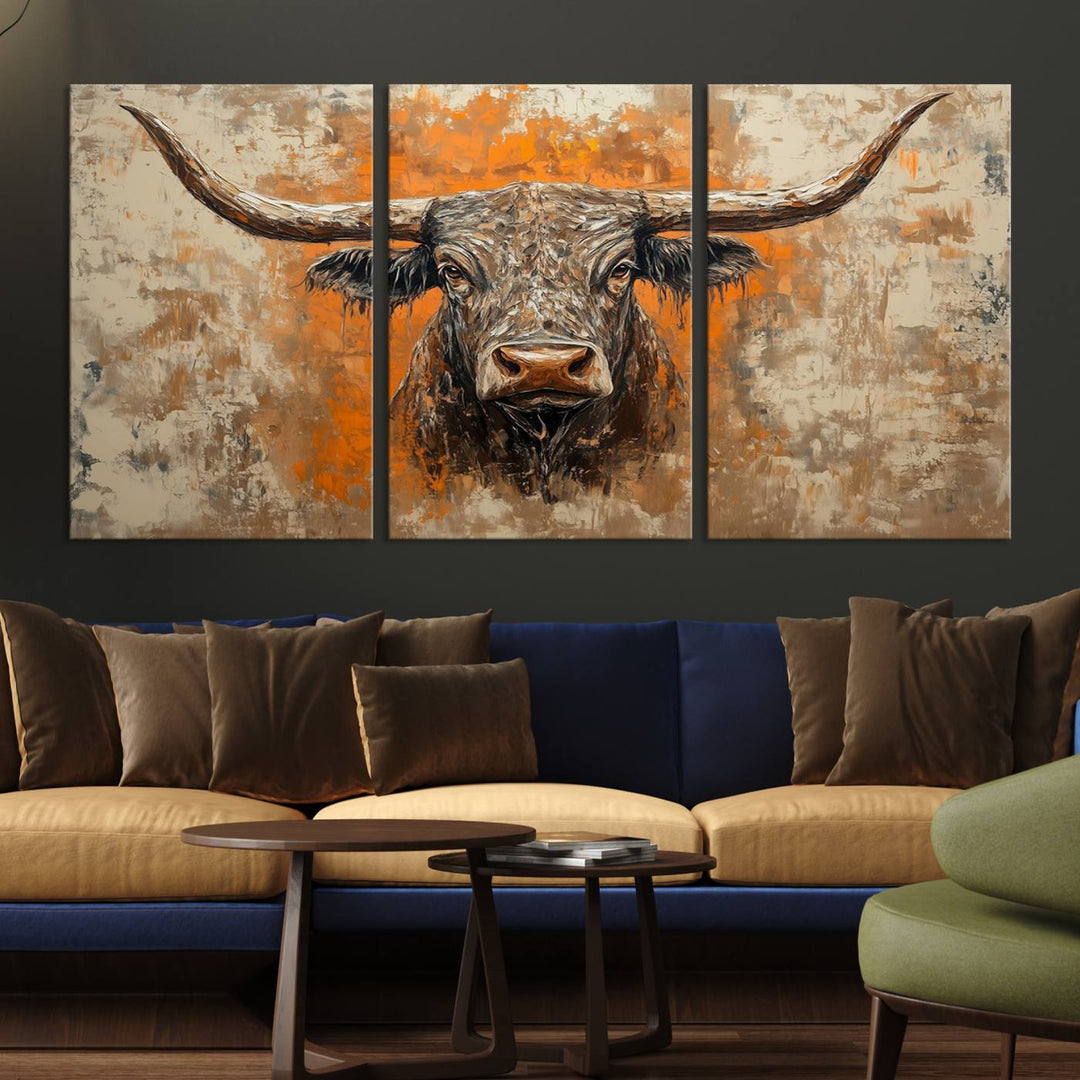 Abstract Cow Longhorn Bull Wall Art Canvas Print - Rustic Texas Western Cattle Artwork