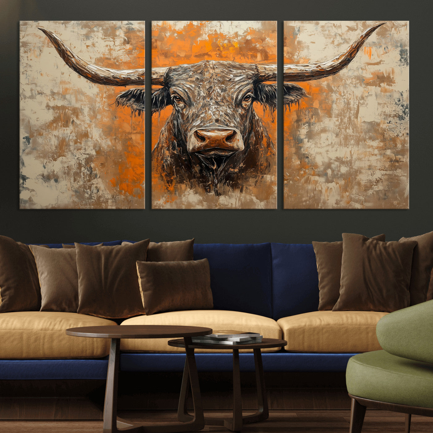 MGV-CV-60X30-3P - Abstract Cow Longhorn Bull Wall Art Canvas Print - Rustic Texas Western Cattle Artwork