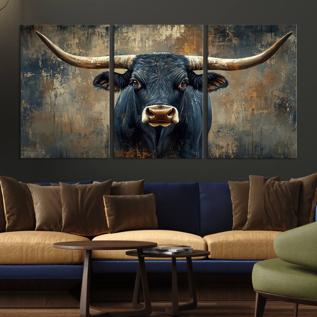 Abstract Cow Longhorn Bull Wall Art Canvas Print - Rustic Texas Western Cattle Artwork