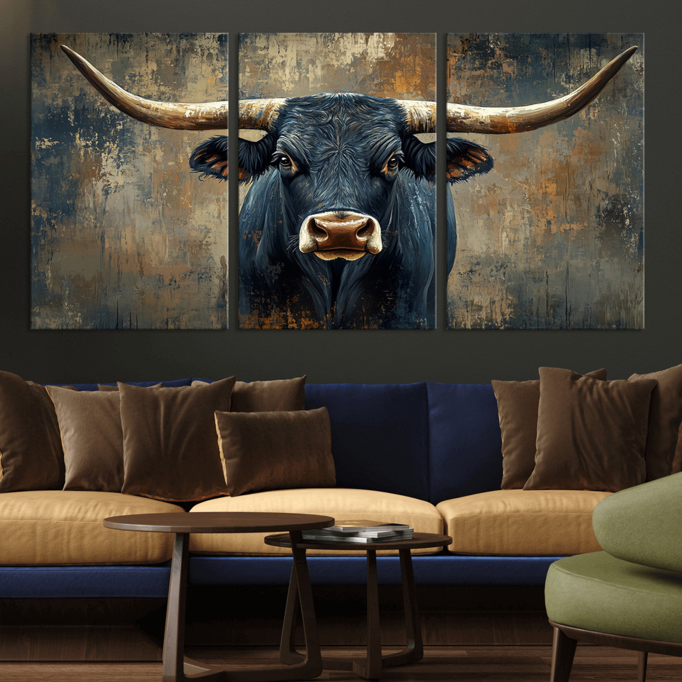 MGV-CV-60X30-3P - Texas Western Wall Art Canvas Print - Abstract Cow Longhorn Bull Wall Art Canvas Print - Rustic Cow