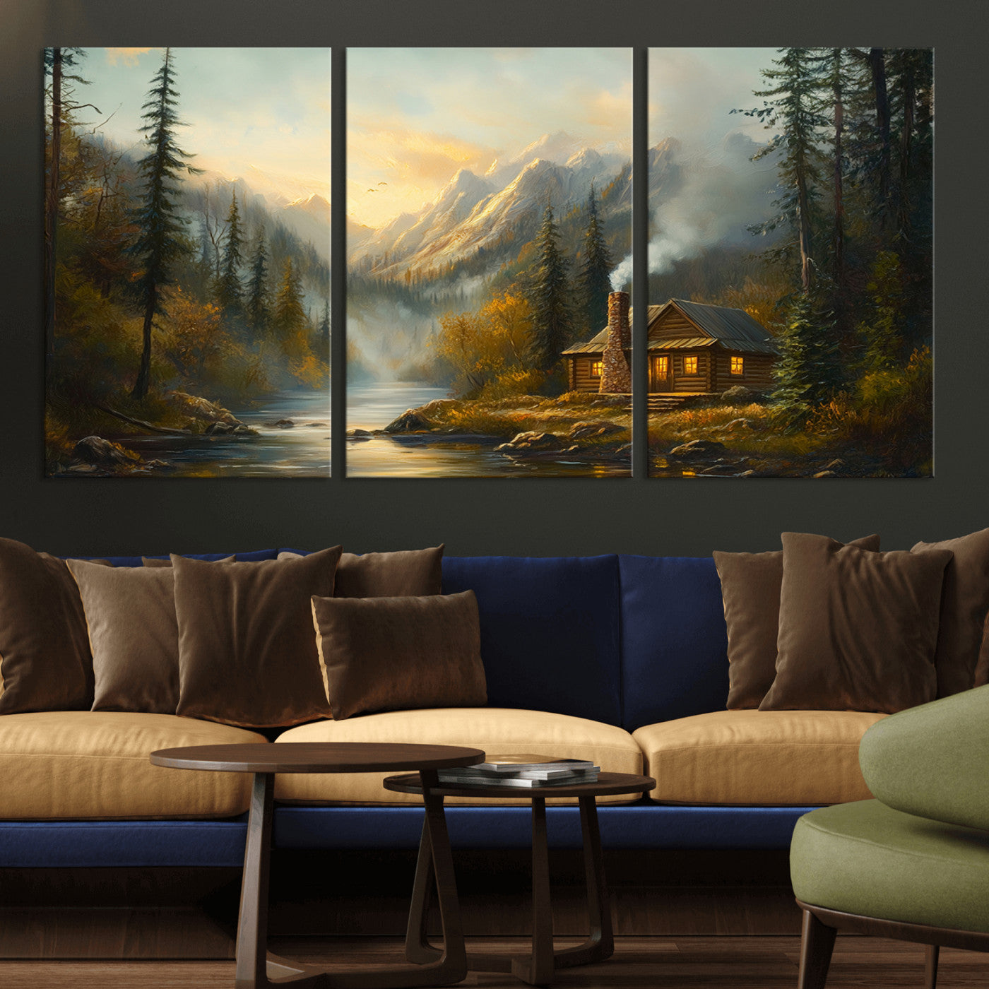 MGV-CV-60X30-3P - Wood Cabin Retreat Mountain at Sunset Wall Art Print - Serene Forest and River Landscape Wall Art