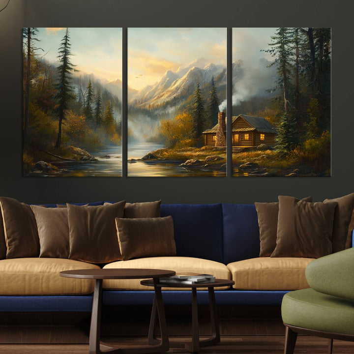 Wood Cabin Retreat Mountain at Sunset Wall Art Print - Serene Forest and River Landscape Wall Art Canvas Print